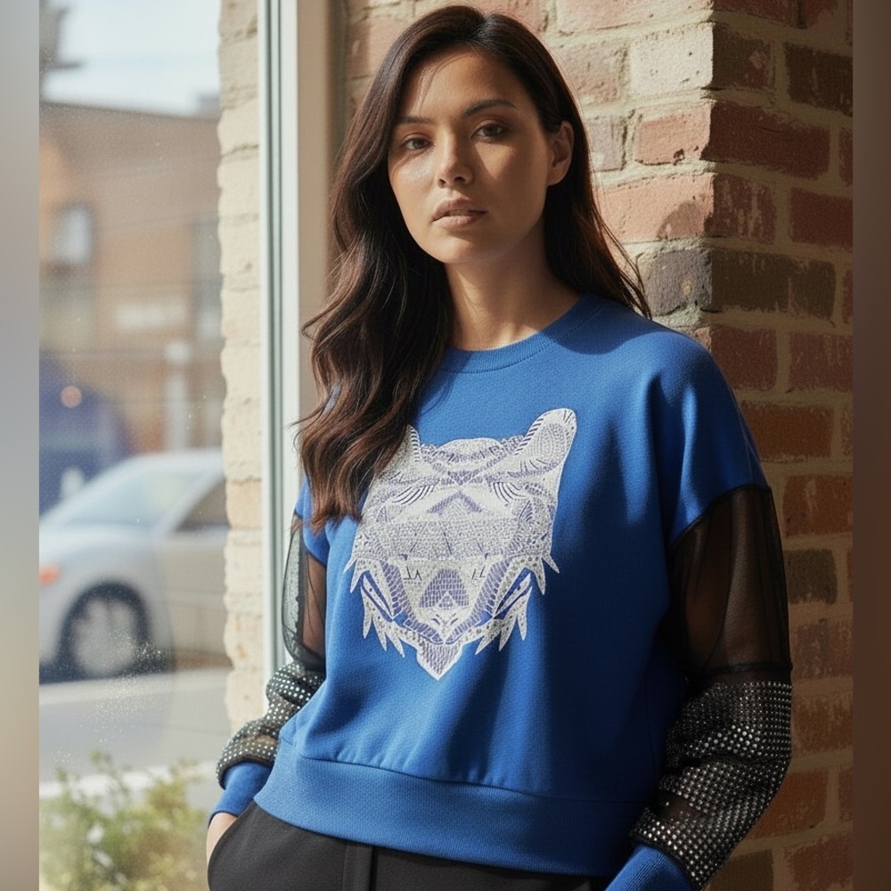 Blue and Black Sweater with Graphic Design